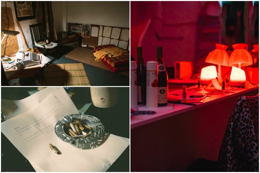 collage of three images: bedroom with bed on floor and typewriter; backstage makeup room with red lighting; script with ashtray and cigarettes on top