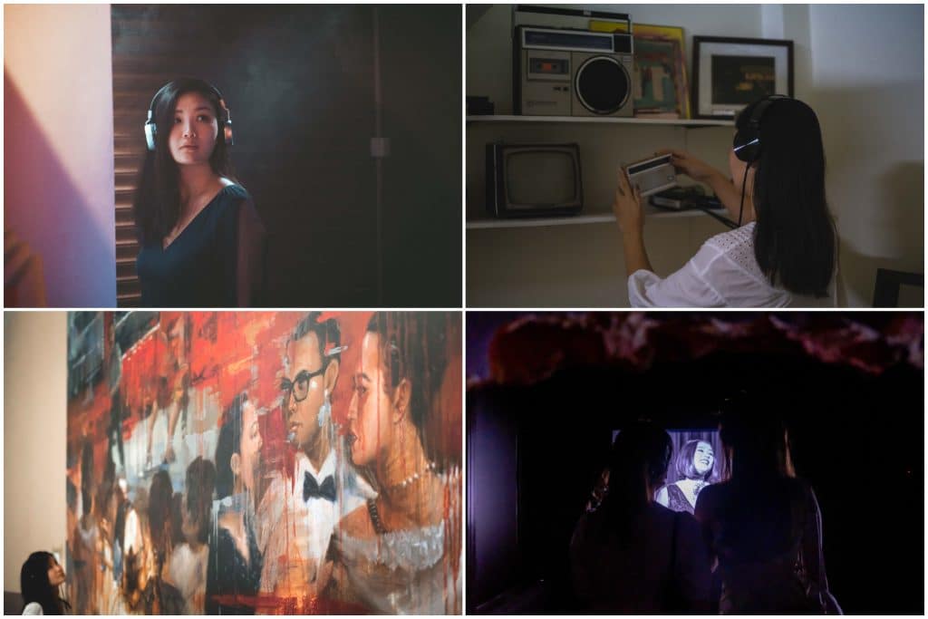 collage of four images: woman with headphones on; woman holding an old-school radio; young woman looking up at a mural; and two women looking at a screen showing an old film