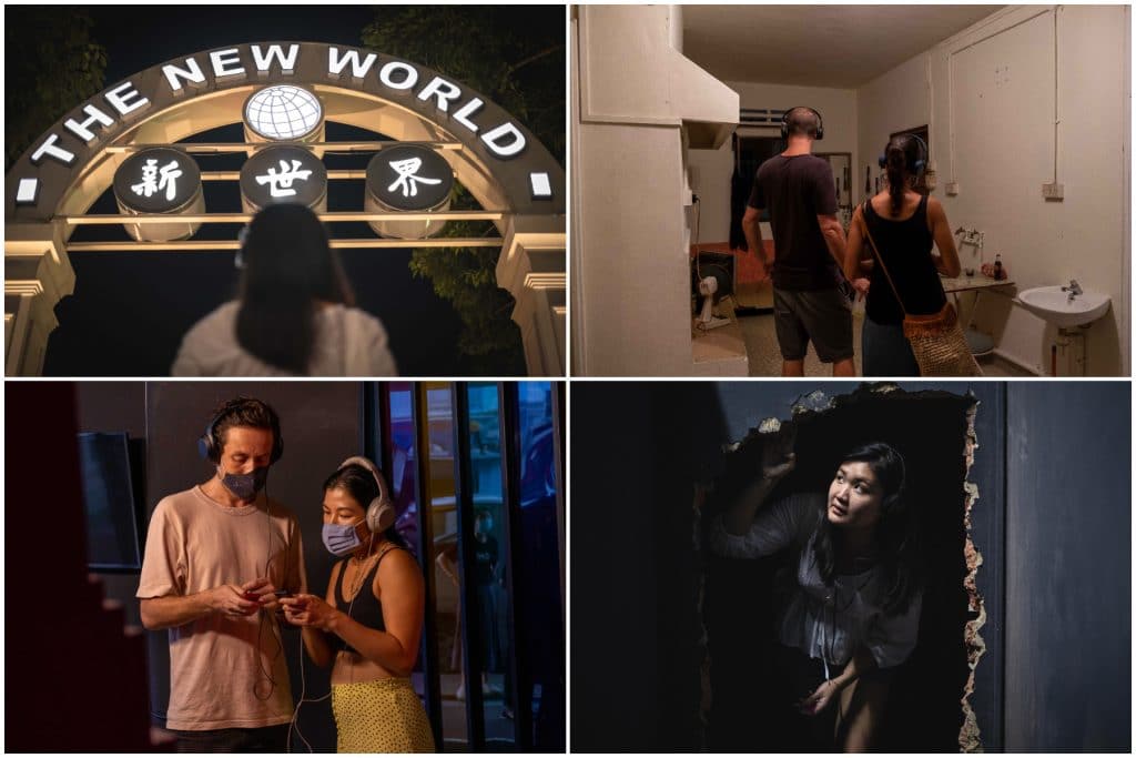 Collage of 4 images: woman standing in front of the new world entrance; man and woman with headphones on inspecting the theatrical set; man and woman with headphones on looking at their audio guides; young woman peeking through cut out in wall