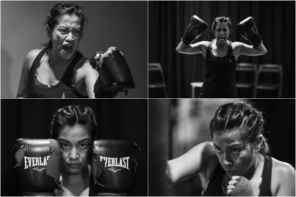 black and white photos collage of woman boxer, promo shots for bitch boxer