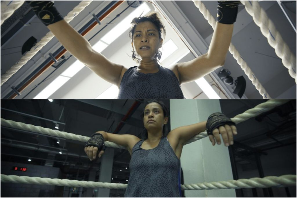 collage of woman boxer against the ropes and holding onto ropes catching a breather