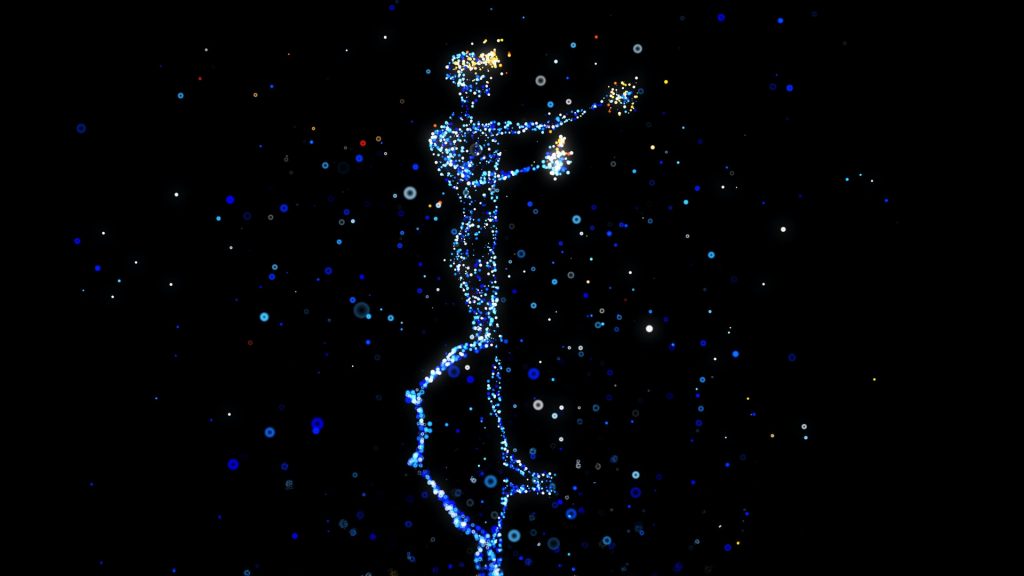 human figure made up of glowing blue dots  and black background, kind of like a person walking with VR headset on