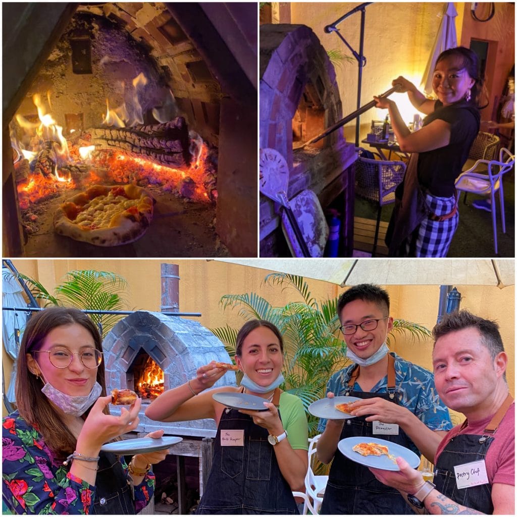 wood-fired pizza and wood-fired pizza oven with image of people enjoying their pizza