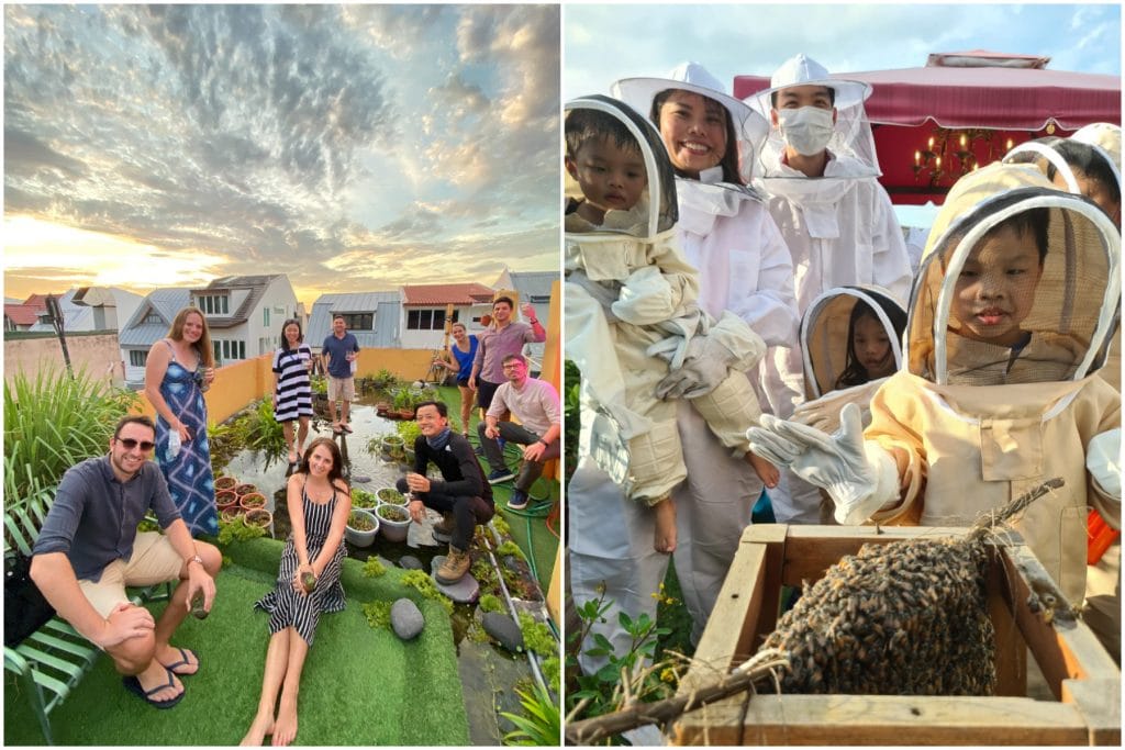 left image of people posing on an urban rooftop farm, right side image urban rooftop bee farm with a family in bee suits