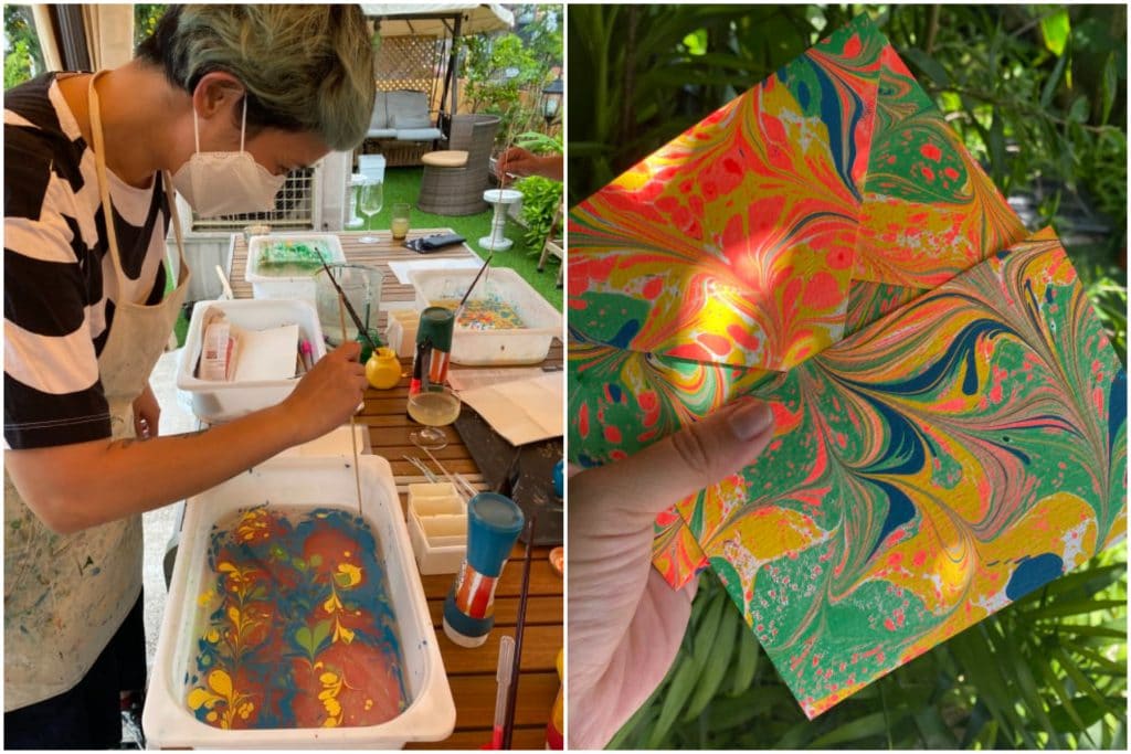 woman in the process of paper marbling and image of end result