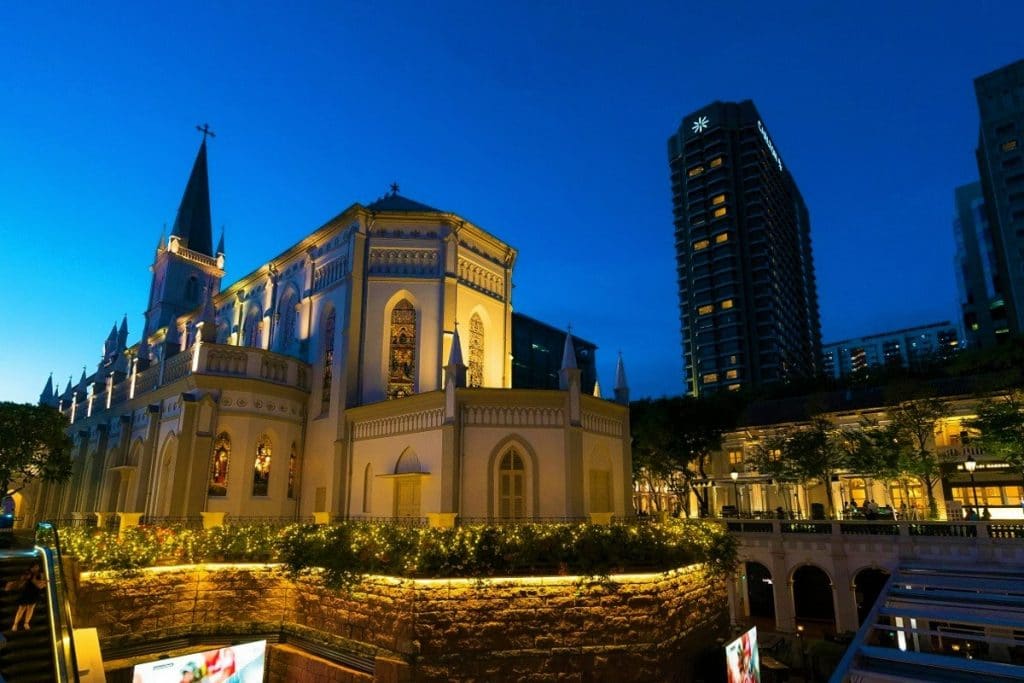 Chijmes Building lit up at night in singapore