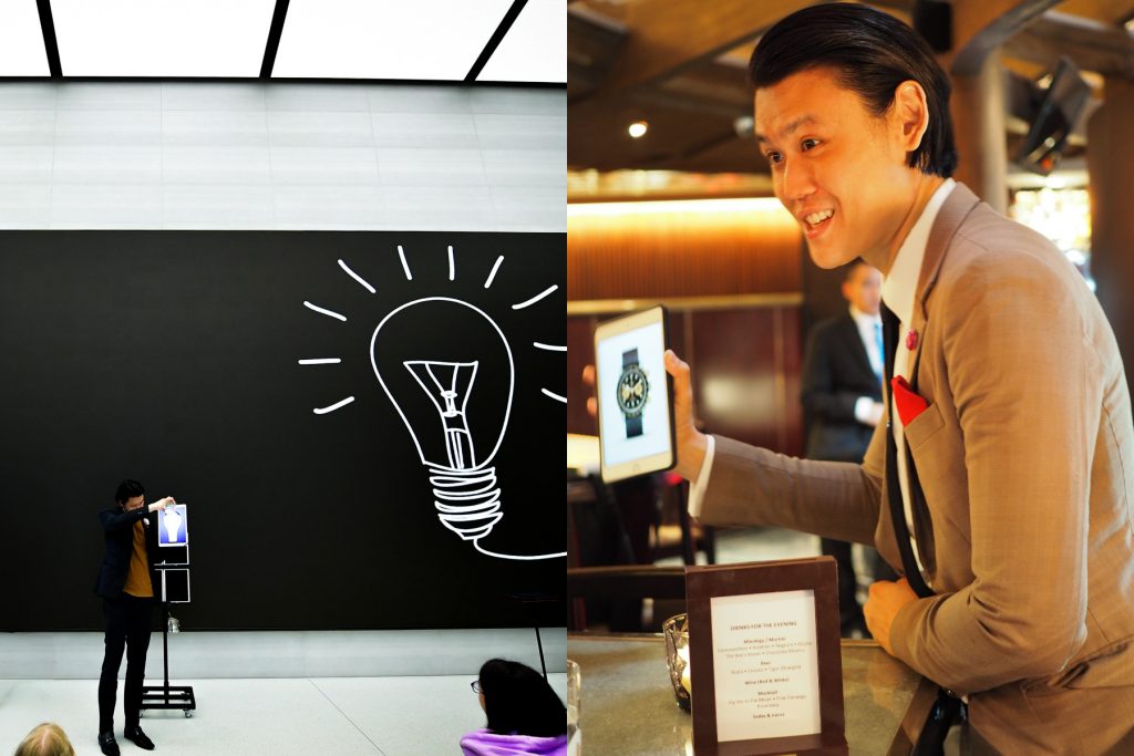 side by side image of alexander yuen magician performing magic tricks with his ipad