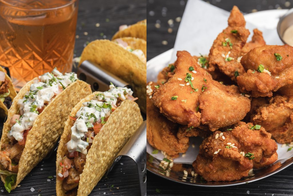 tacos and cocktail next to image of chicken kaarage served at lil tiger in singapore