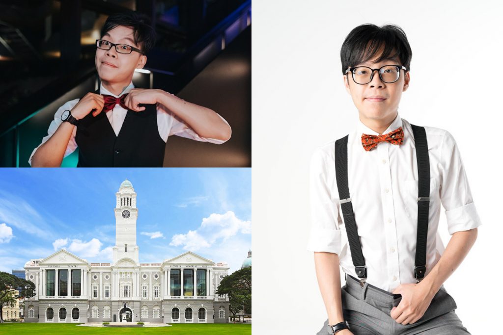 collage of promo shots for sam see comedian including exterior of the victoria theatre in singapore