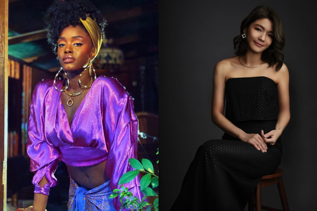 two promo photos side by side of two woman jazz and soul singers, one wearing a shiny purple shirt and the other in a long black dress