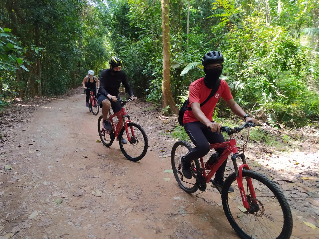 bike tour guide leading group of single file cyclists around pulau ubin in singapore bike trail