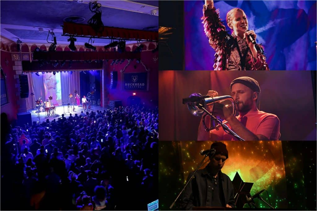 collage of images showing live music concert by moonchild with packed audience and photos of the three multiinstrumentalists performing